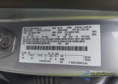 2022 Ford Escape Sel z USA, uszkodzony, nr VIN 1FMCU9H93NUB09783
